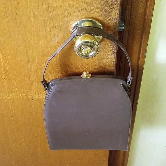 Brown & Black Leather Handbag, Gold Hardware, Satiny Interior, Zippered Pocket - Picture 2 of 6